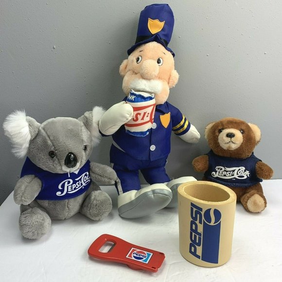 Vintage Pepsi Plush Lot Collectibles Cop Koala Bear Can Koozie Bottle Opener - Picture 1 of 11